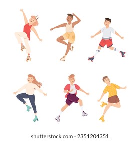 Excited Man and Woman Character Dancing on Roller Skates Vector Illustration Set