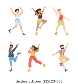 Excited Man and Woman Character Dancing on Roller Skates Vector Illustration Set