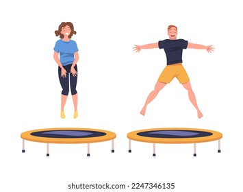 Excited Man and Woman Character Jumping and Bouncing on Trampoline Engaged in Recreational Activity Vector Set