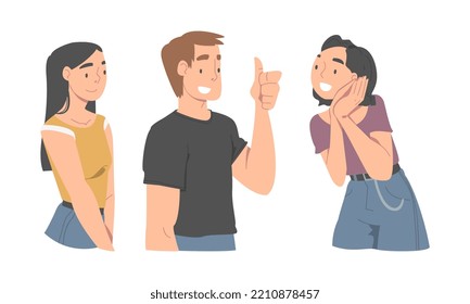 Excited Man and Woman Character Looking at Someone Demonstrating Attention Vector Set