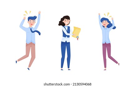 Excited Man and Woman Employee Cheering About Achievement and Prize Gaining Vector Set