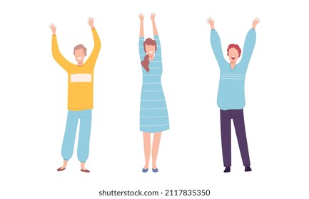 Excited Man and Woman with Raised Up Hands Cheering About Something Vector Set