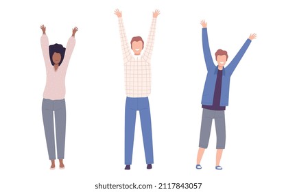 Excited Man and Woman with Raised Up Hands Cheering About Something Vector Set