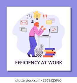 Excited man working at standing table, concept of efficiency at work, poster flat vector illustration. Happy workaholic employee with new ideas.