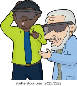Excited mature men with virtual reality glasses reaching out