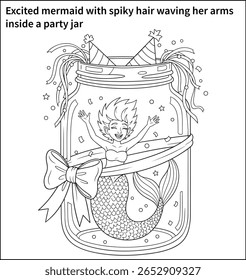 An excited mermaid with spiky hair waving her arms inside a party jar decorated with confetti, streamers, and a big bow—clean line art for coloring.