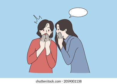 Excited millennial girlfriends gossip laughing joking. Smiling young women share secrets whisper in ear in private communication. Rumors spread concept. Cartoon character, vector illustration. 