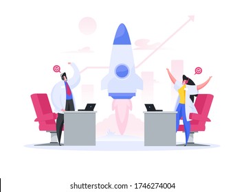Excited modern man and woman in lab coats standing near desks with laptops and celebrating successful rocket launch and space program fulfillment. Startup project
