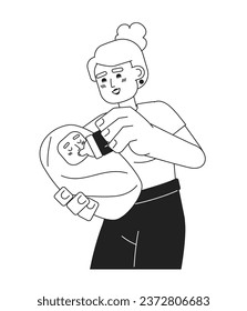 Excited mom feeding baby monochromatic flat vector character. Parenthood. Taking care of baby. Editable thin line full body person on white. Simple bw cartoon spot image for web graphic design