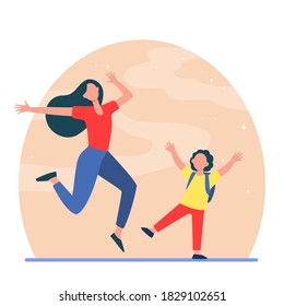 Excited mom and son having fun. Woman and boy jumping and dancing flat vector illustration. Motherhood, parenthood, maternity concept for banner, website design or landing web page