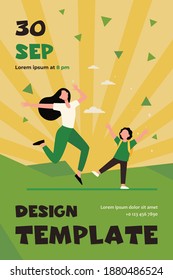 Excited mom and son having fun. Woman and boy jumping and dancing flat vector illustration. Motherhood, parenthood, maternity concept for banner, website design or landing web page
