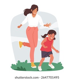 Excited mother chasing happy daughter while playing outdoors cartoon scene. Mom and kid enjoying summer leisure activity and family outing. Parenting and weekend recreation vector illustration