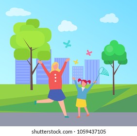 Excited mother and young daughter running, hopping and trying to catch colorful butterflies with net on background of city park with skyscrapers vector