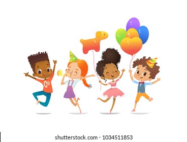 Excited Multiracial Boys And Girls With The Balloons And Birthday Hats Happily Jumping With Their Hands Up. Birthday Party Vector Illustration For Website Banner, Poster, Flyer, Invitation. Isolated.