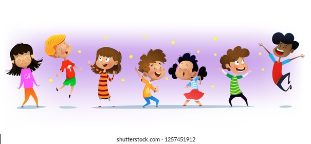 Excited multiracial boys and girls having fun. Vector illustration for website banner, poster, flyer, invitation.