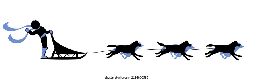 Excited musher riding full speed and waving their hand. Dog sledding sport. Husky silhouettes. Vector illustration isolated on white. 