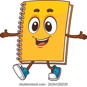 Excited notebook character walking with arms extended vector illustration
