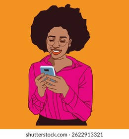 aufgeregte Bürodame, die ihre Telefonnachrichten überprüft