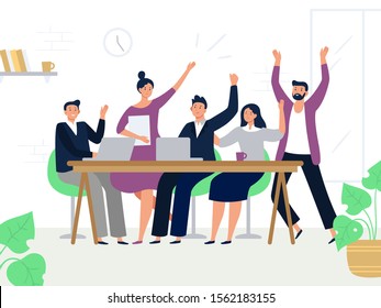 Excited Office Workers Team. Successful Managers, Happy Professional Work Group And Colleagues Rejoicing Together. Teamwork, Businesspeople Corporate Working Flat Vector Illustration