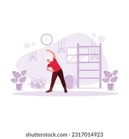 Excited older woman doing light exercise in the sports club. Trend Modern vector flat illustration.