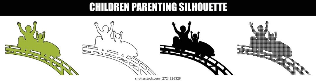 Excited parent and child on a roller coaster ride silhouette icons in four graphic styles for theme park and amusement park marketing materials.