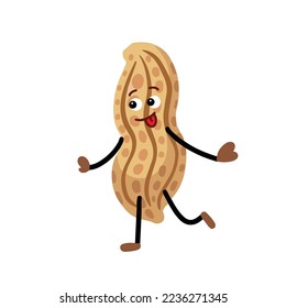 Excited Peanut vector character with looking left face and skipping body expression mascot. Food illustration with funny cartoon simple flat style isolated on plain background.