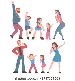 Excited People Celebrating Victory, Happy Family Expressing Succes and Positive Emotions Set Cartoon Vector Illustration