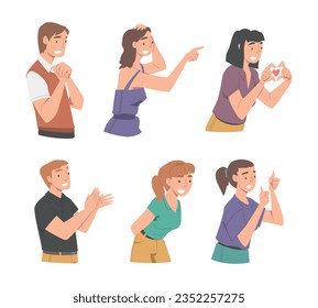 Excited People Character Looking at Someone Show Hand Gesture and Emotion Vector Set