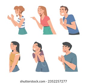 Excited People Character Looking at Someone Show Hand Gesture and Emotion Vector Set