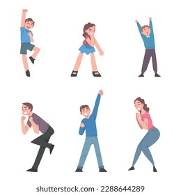 Excited People Characters Celebrating Victory Expressing Success and Positive Emotions Vector Set