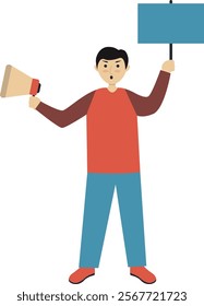 Excited People Illustration Holding Banner. Flat Cartoon Vector Character