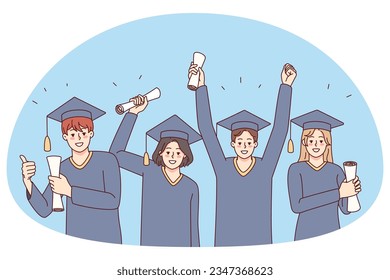 Excited people in mantles holding diplomas celebrate college graduation. Smiling students on university degree celebration. Education concept. Vector illustration.