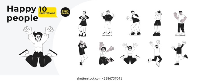 Excited people multicultural black and white cartoon flat illustration bundle. Holding hands high up linear 2D characters isolated. Joyful smiling. Having fun monochromatic vector image collection