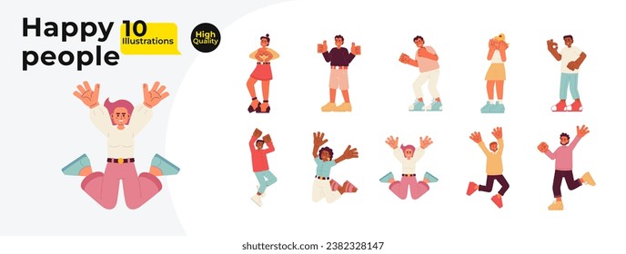 Excited people multicultural cartoon flat illustration bundle. Holding hands high up 2D characters isolated on white background. Joyful smiling. Laughing having fun vector color image collection