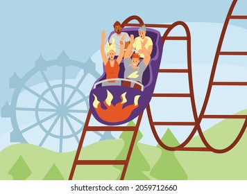 Excited people ride down on roller coaster in amusement park flat vector illustration. Happy family and friends having fun together in entertainment park.