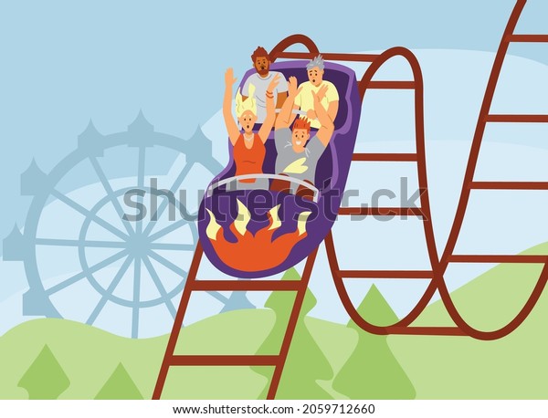 Excited people ride down on roller\
coaster in amusement park flat vector illustration. Happy family\
and friends having fun together in entertainment\
park.