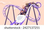 Excited people ride on high roller coaster. Happy men, women enjoy of speed, scream on extreme attractions. Friends company fun entertainment in amusement park on holiday. Flat vector illustration