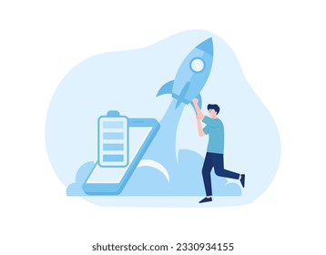 Excited people with rockets and gadgets trending concept flat illustration