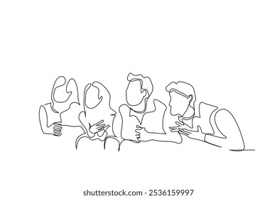 excited people waiting for the result friends at home happy nervous moments one line art design vector