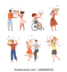 Excited People Winner Character Holding Cup Award and Smiling Vector Illustration Set