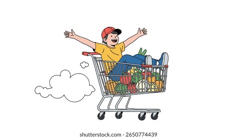 Excited person with arms raised in a full grocery cart flying down aisle