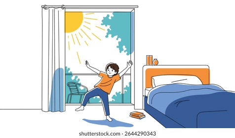 Excited Person Happily Waking Up and Stretching Arms in Bright Sunny Morning Bedroom