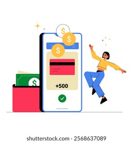 Excited Person Next To Mobile Payment App With Wallet And Cash Flat Vector Illustration Symbolizing Digital Payments, Money Transfer, And Financial Technology, Isolated On White Background