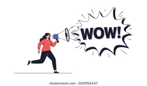 Pessoa animada correndo anunciando grandes notícias com ilustração de megafone