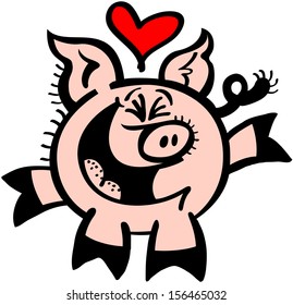 Excited pig with big pointy ears, curly tail and a spherical body feeling head over heels in love, rising his rear legs and smiling animatedly while having a red heart floating above its head