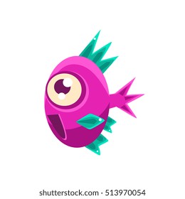 Excited Pink Fantastic Aquarium Tropical Fish With Spiky Turquoise Fins Cartoon Character