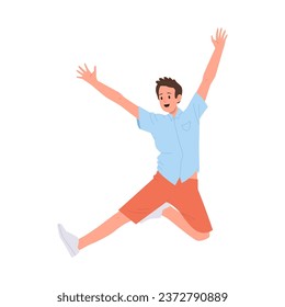 Excited positive young man student or freelancer cartoon character screaming and jumping in air