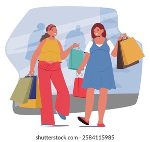 Excited pregnant women friends enjoying shopping together at city fashion boutique store walking down urban street with purchases vector illustration. Happy pregnancy time, maternity preparation