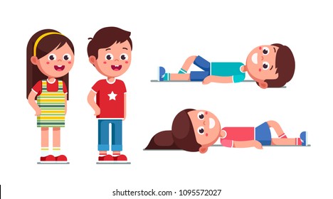 Excited preschool boy and girl standing. Smiling schoolboy and schoolgirl resting and lying on ground. Happy children cartoon characters set. Flat vector illustration isolated white background