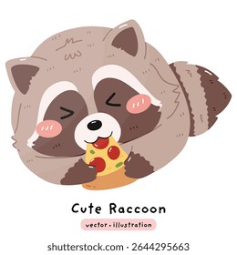 Animado Raccoon comendo pequena fatia de pizza desenho animado vetor ilustração